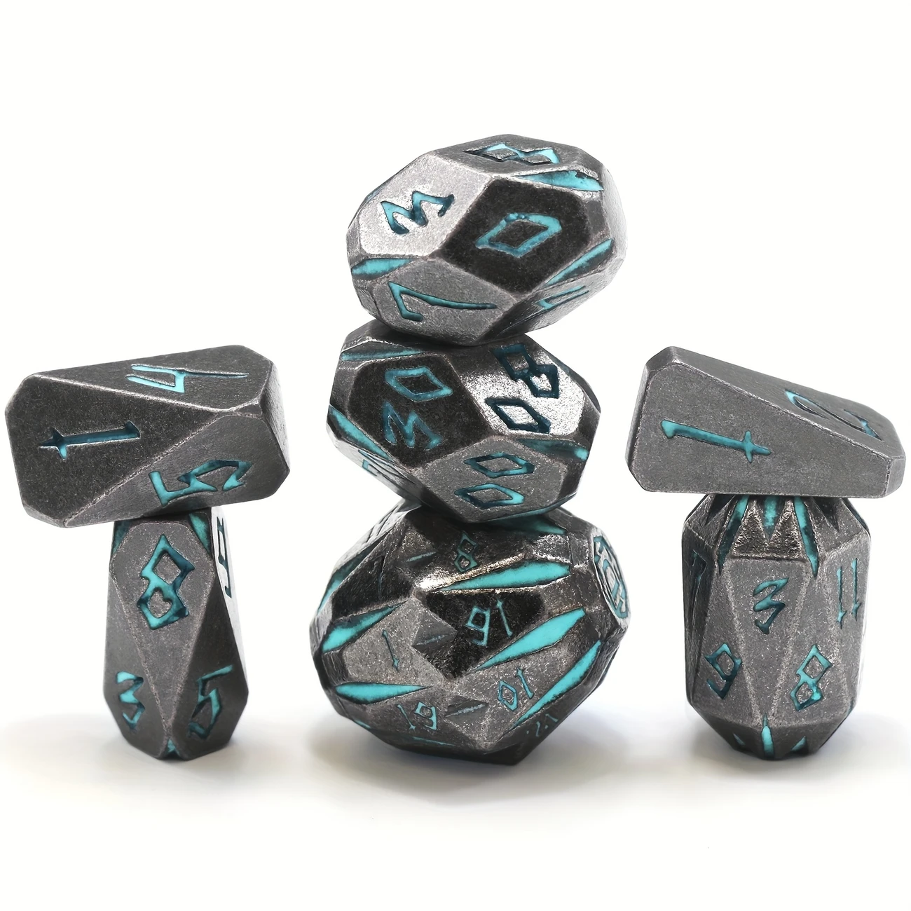 7pcs Metal Dice Set - Stonehenge (Silver/Blue)